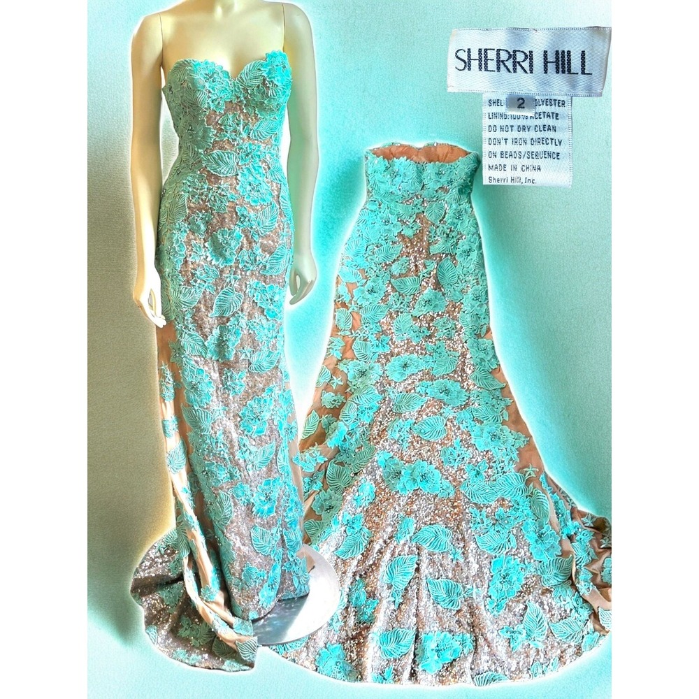 Sherri Hill Aqua Sequin Rhinestone Sheath Mermaid‎ Gown Nude Mesh S-XS